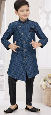 Blue singham jackard sherwani with silk dupion pajama for kids 1