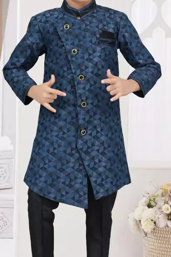Blue singham jackard sherwani with silk dupion pajama for kids