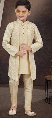 Yellow kasak zari jackard & banarasi silk indo western with silk dupion pajama for kids 1