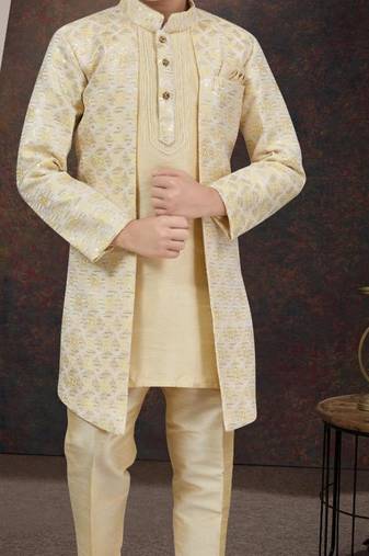 Yellow kasak zari jackard & banarasi silk indo western with silk dupion pajama for kids
