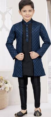 Blue kasak zari jackard & banarasi silk indo western with silk dupion pajama for kids 3