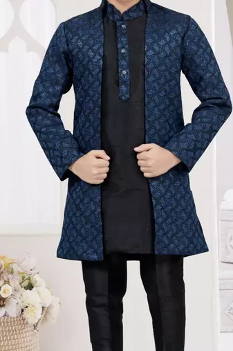 Blue kasak zari jackard & banarasi silk indo western with silk dupion pajama for kids