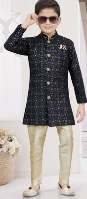Black champion silk sherwani with silk dupion pajama for kids 1