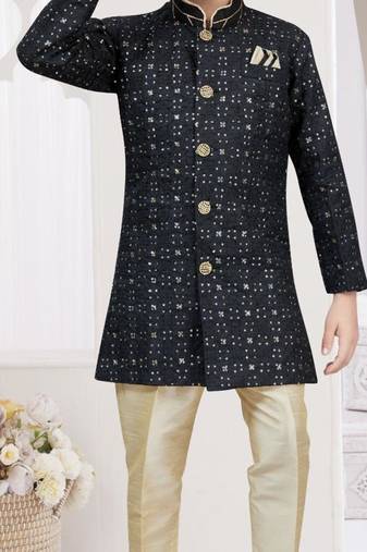 Black champion silk sherwani with silk dupion pajama for kids