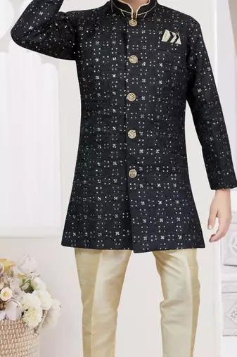 Black champion silk sherwani with silk dupion pajama for kids