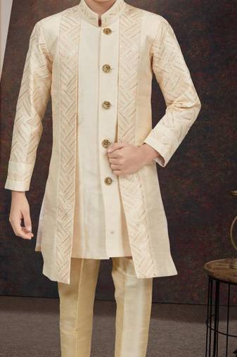 White power silk indo western with silk dupion pajama for kids
