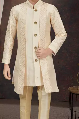 White power silk indo western with silk dupion pajama for kids