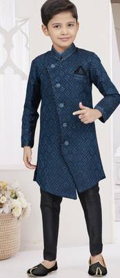 Blue kasak zari jackard & banarasi silk sherwani with silk dupion pajama for kids 1