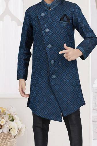 Blue kasak zari jackard & banarasi silk sherwani with silk dupion pajama for kids