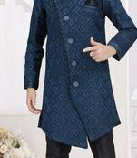 Blue kasak zari jackard & banarasi silk sherwani with silk dupion pajama for kids