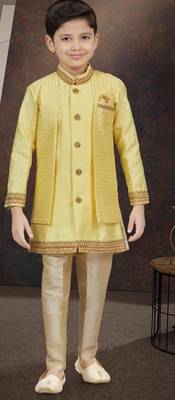 Yellow banarasi silk indo western with silk dupion pajama for kids 1