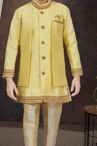 Yellow banarasi silk indo western with silk dupion pajama for kids