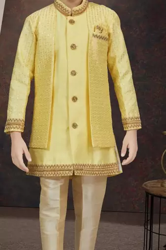 Yellow banarasi silk indo western with silk dupion pajama for kids