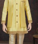 Yellow banarasi silk indo western with silk dupion pajama for kids
