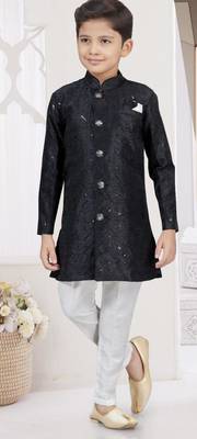 Black banarasi silk sherwani with silk dupion pajama for kids 1