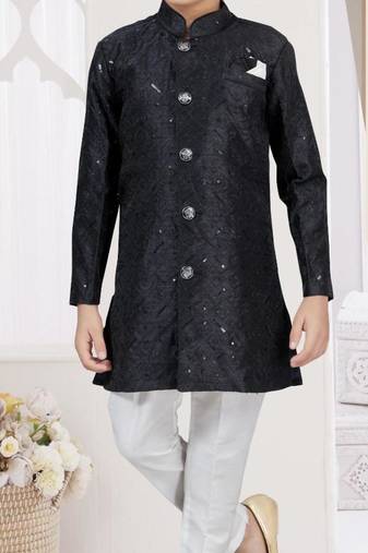 Black banarasi silk sherwani with silk dupion pajama for kids