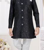 Black banarasi silk sherwani with silk dupion pajama for kids