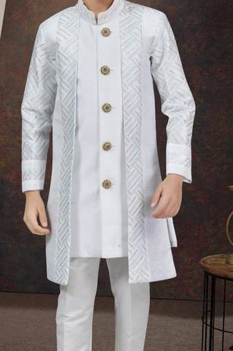 White power silk indo western with silk dupion pajama for kids