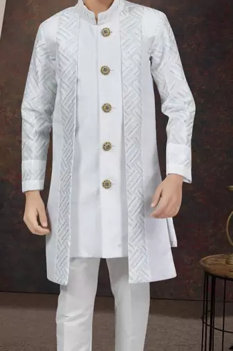 White power silk indo western with silk dupion pajama for kids
