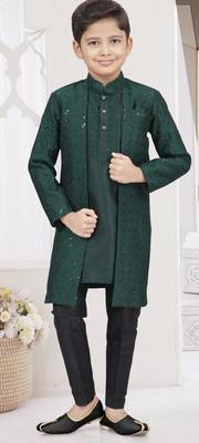 Green banarasi silk indo western with silk dupion pajama for kids 1