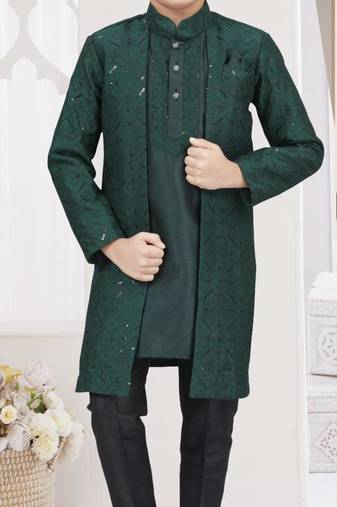 Green banarasi silk indo western with silk dupion pajama for kids