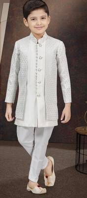 White kasak zari jackard & banarasi silk indo western with silk dupion pajama for kids 1