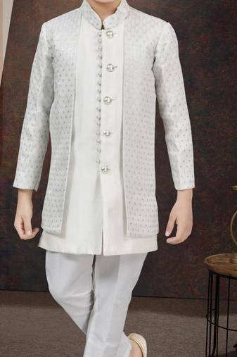 White kasak zari jackard & banarasi silk indo western with silk dupion pajama for kids