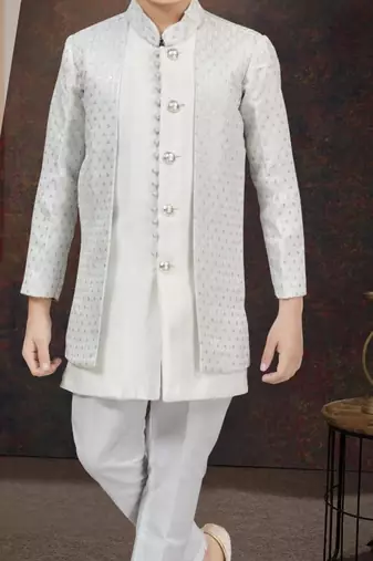 White kasak zari jackard & banarasi silk indo western with silk dupion pajama for kids
