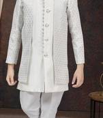 White kasak zari jackard & banarasi silk indo western with silk dupion pajama for kids