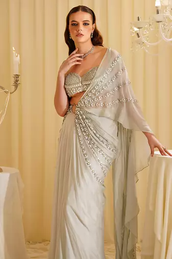 White embroidered organza saree