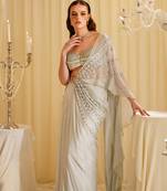 White embroidered organza saree