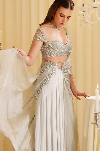 White embroidered organza saree