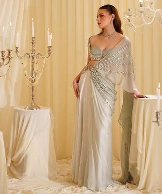 White embroidered organza saree 3