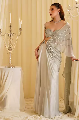 White embroidered organza saree