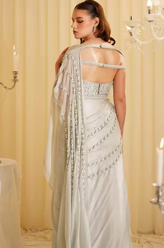 White embroidered organza saree
