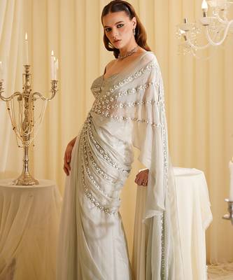 White embroidered organza saree 5
