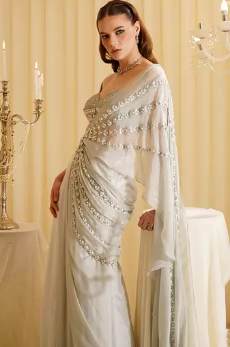White embroidered organza saree