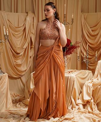 Orange plain organza saree 2