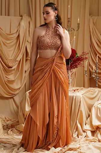Orange plain organza saree