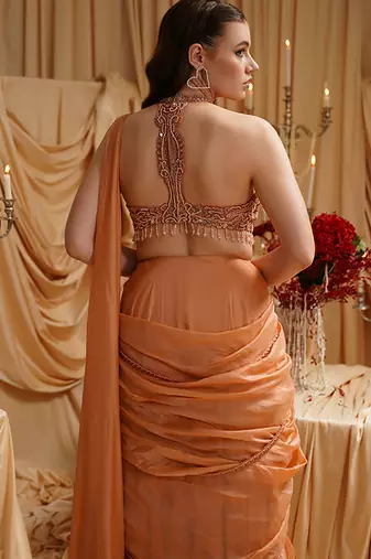 Orange plain organza saree