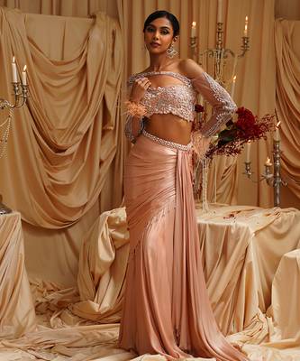 Gold plain satin saree 4