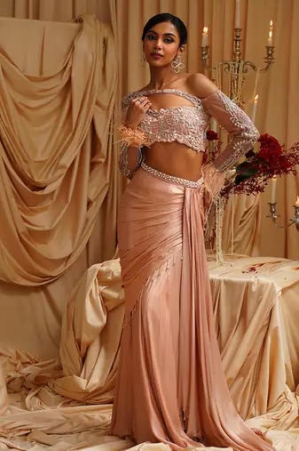 Gold plain satin saree