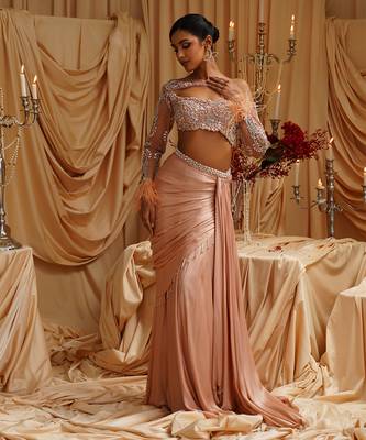 Gold plain satin saree 5
