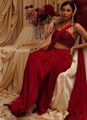 Red plain crepe saree 1