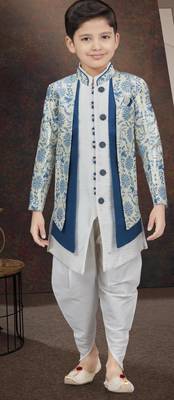 White jackard & banarasi silk indo western with silk dupion dhoti for kids 1