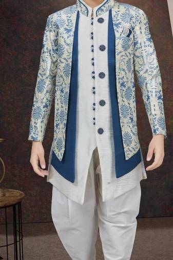 White jackard & banarasi silk indo western with silk dupion dhoti for kids