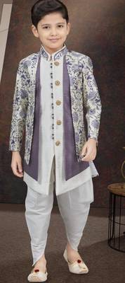 White jackard & banarasi silk indo western with silk dupion dhoti for kids 1