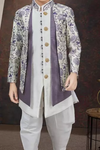 White jackard & banarasi silk indo western with silk dupion dhoti for kids