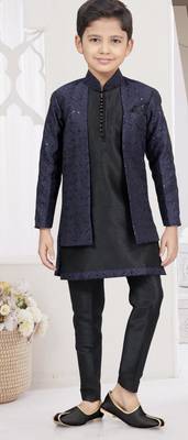 Black banarasi silk indo western with silk dupion pajama for kids 1