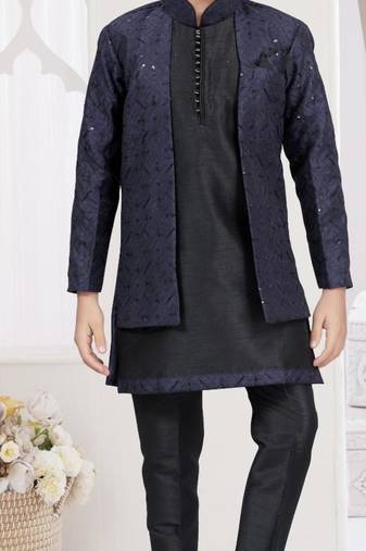 Black banarasi silk indo western with silk dupion pajama for kids